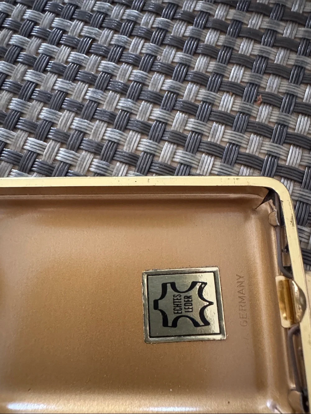 Beautiful Vintage Made In Germany Black Leather and Gold Trim Cigarette Case.